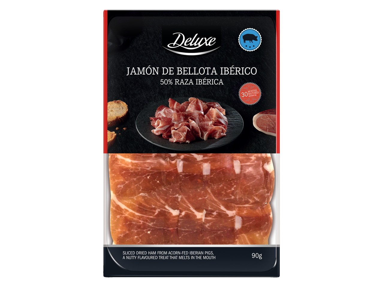Deluxe Ibērijas šķiņķis, 50% Ibērijas cūkas šķirnes, 90g iepakojumā.