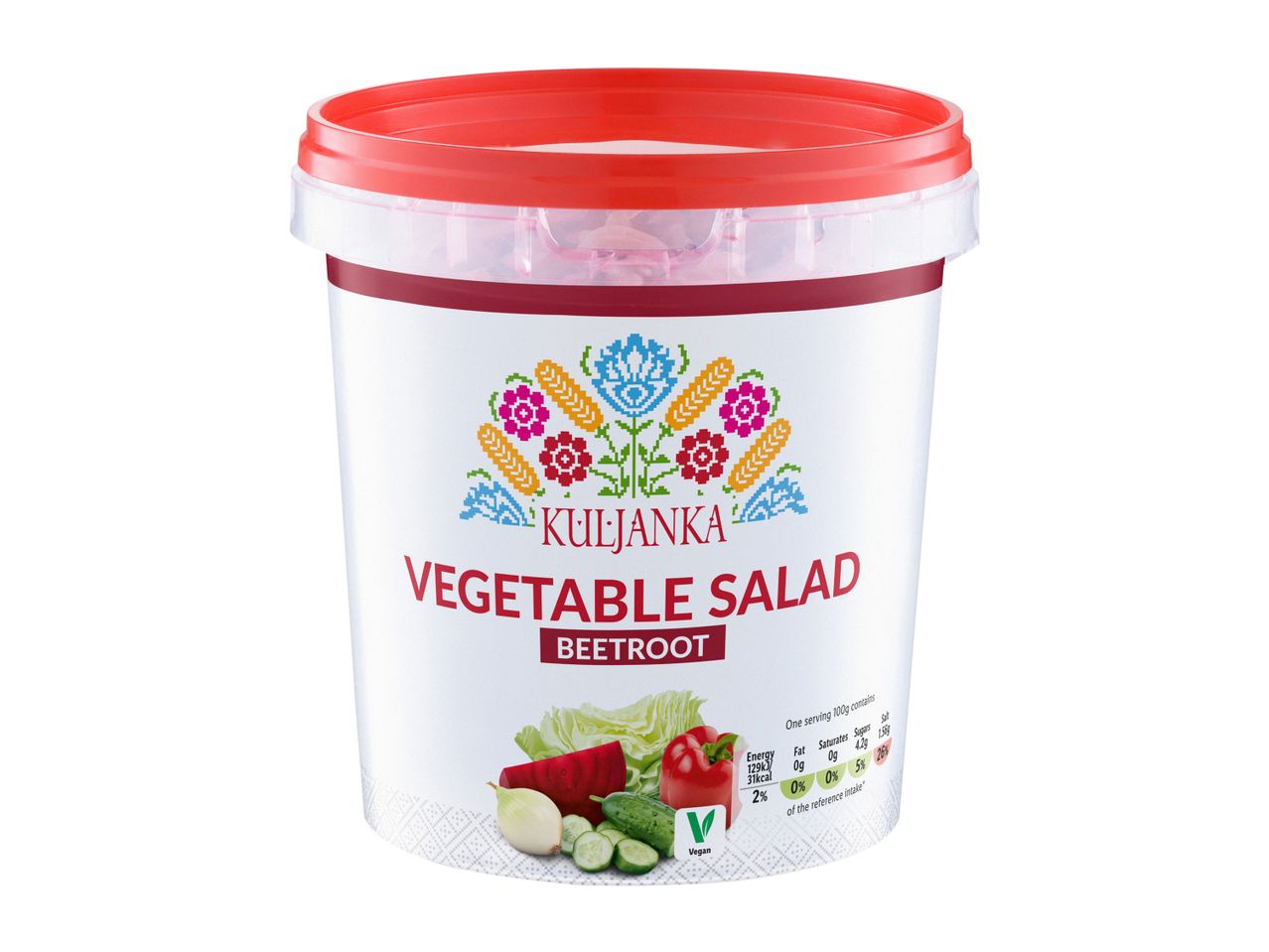 A large bucket of Brunka Vegetable Salad.