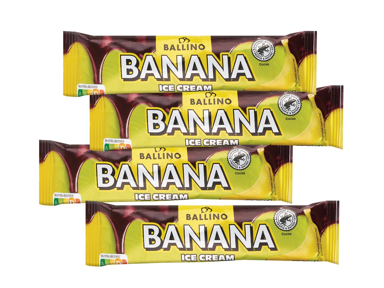 Keturios Ballino bananų ledai su šokoladu.