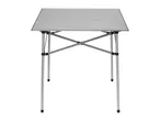 A silver aluminum folding table with a slatted top and black feet.