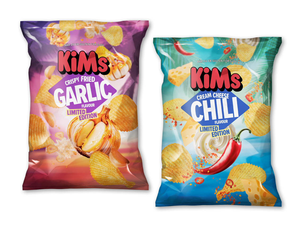 To poser chips: en med sprød stegt hvidløgssmag og en med flødeost-chili.
