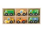 Six wooden toy construction vehicles in a wooden box, including a dump truck, excavator, and road roller.