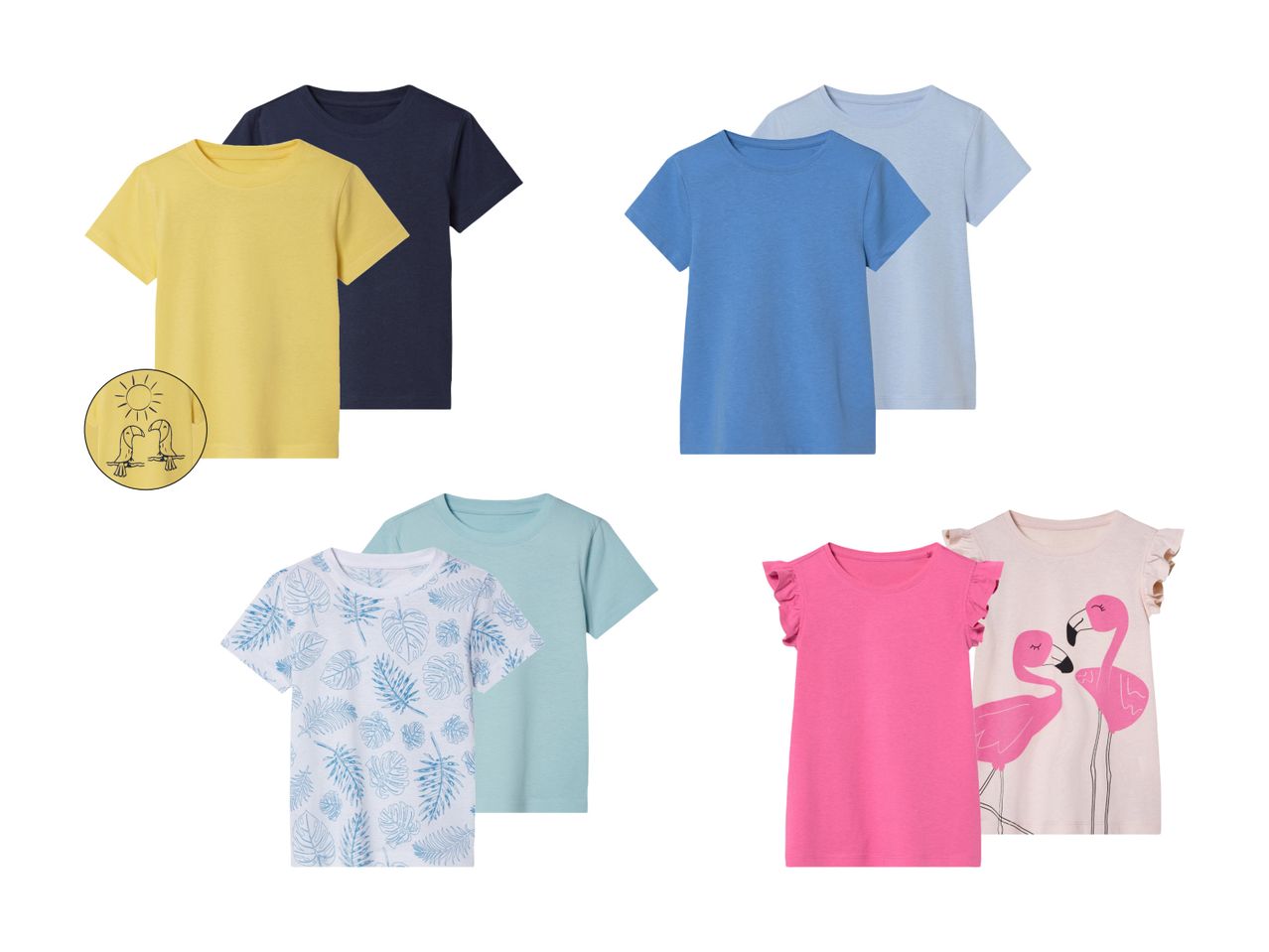 Sæt med to børnet-shirts i forskellige farver og mønstre.