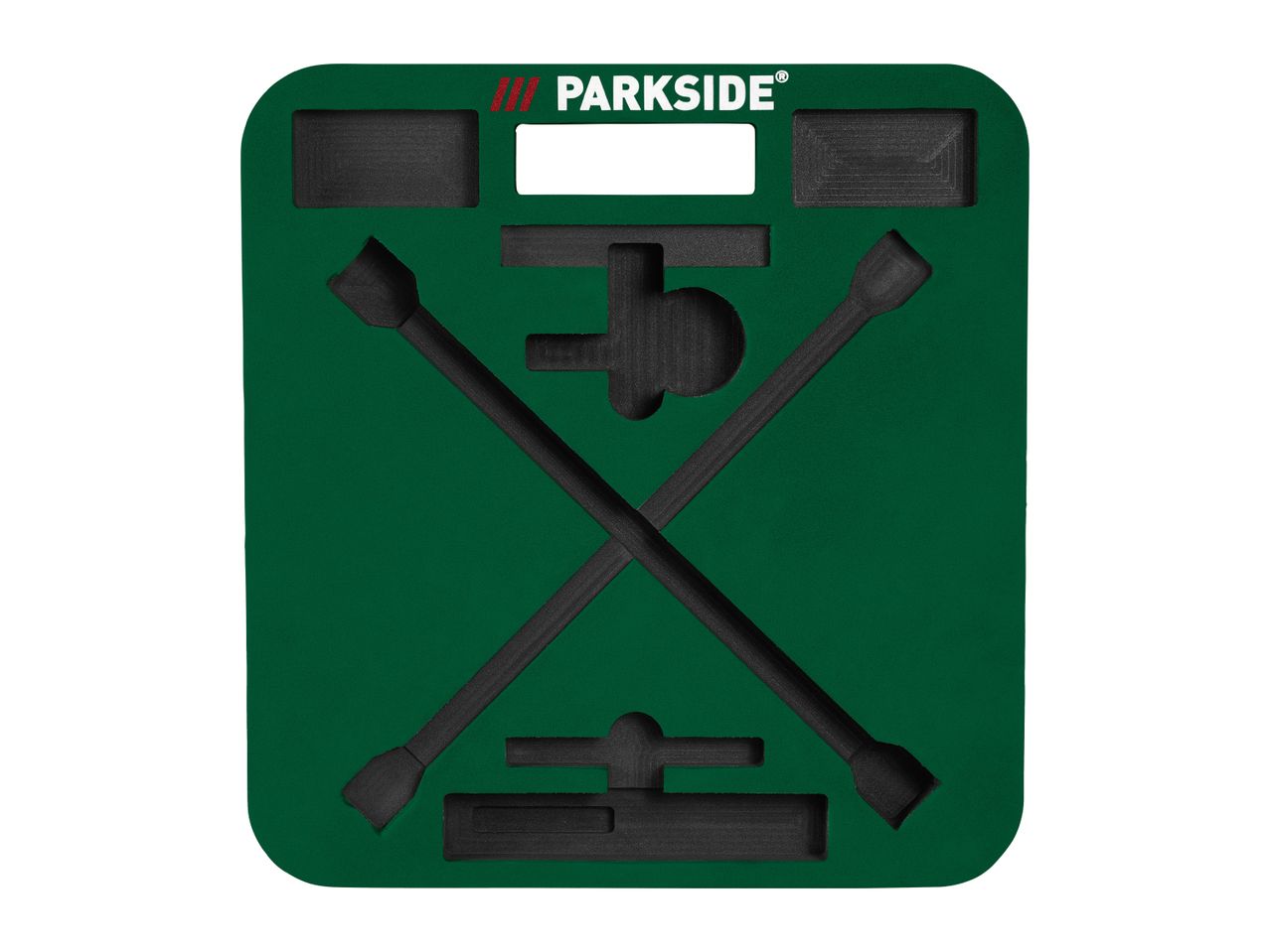 Green foam insert with cutouts for tools, including two long bars and other shapes.