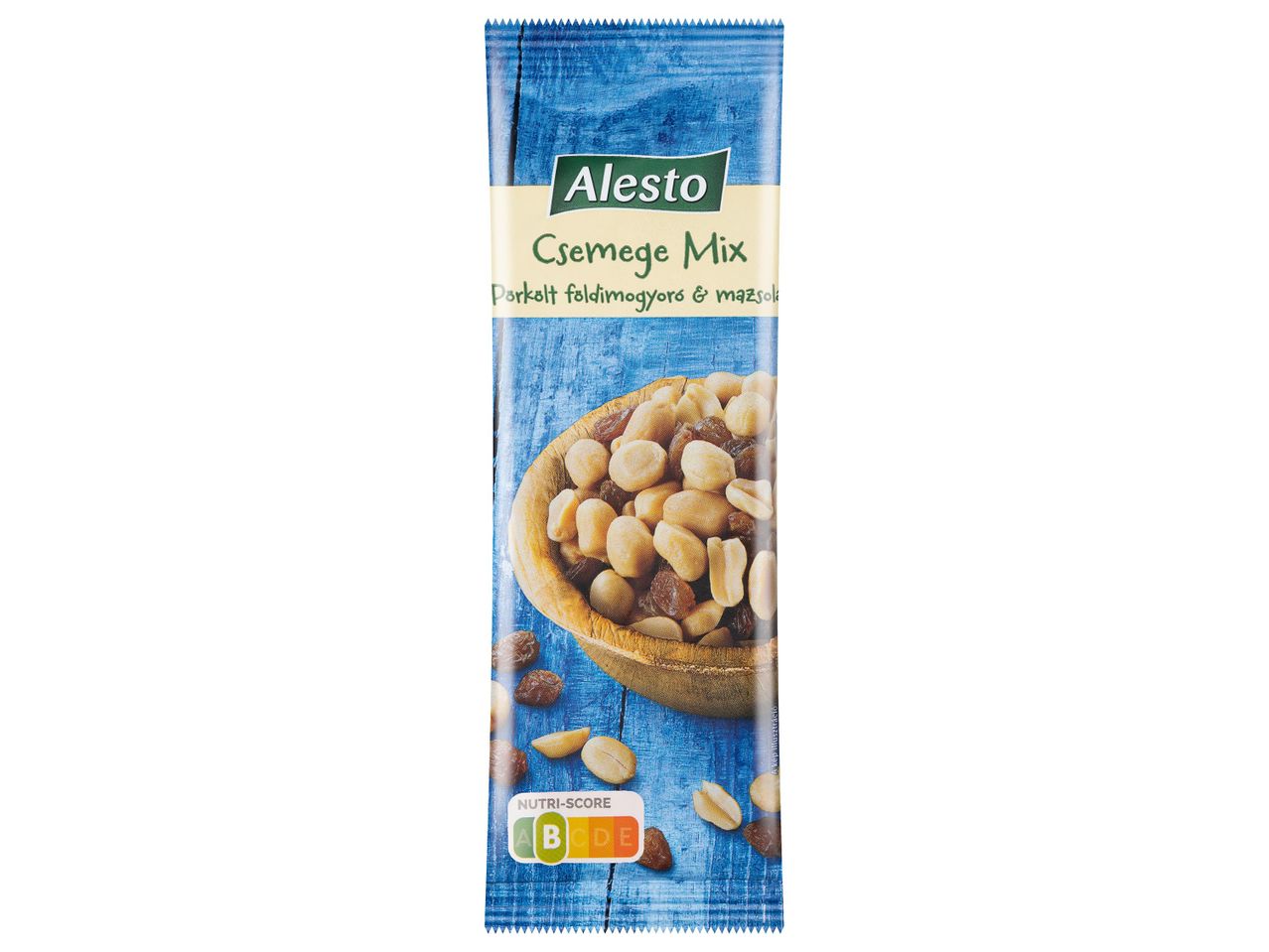 Alesto Csemege Mix pörkölt földimogyoró és mazsola csomagolás Nutri-Score jelöléssel