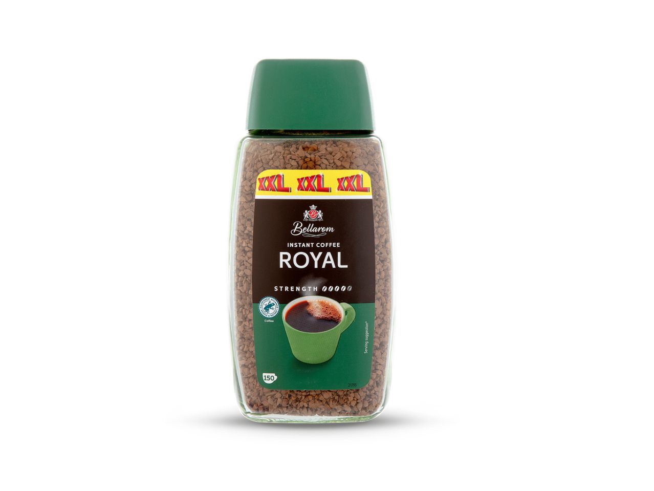 Staklenka instant kave Bellarom Royal s oznakom XXL i naznakom jačine.
