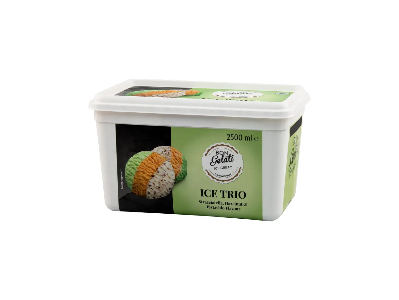 Bon Gelati sladoled, Trio u posudi od 2500 ml, sa ukusima straćatele, lešnika i pistaća.