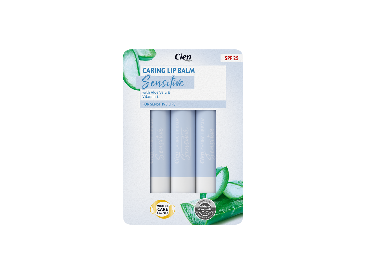 Trei balsamuri de buze Cien Sensitive cu aloe vera și vitamina E, SPF 25.