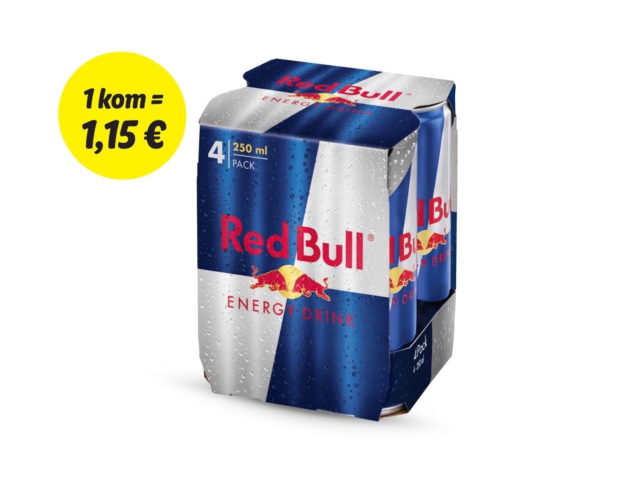 Četiri limenke Red Bull energetskog napitka (250 ml) koštaju 1,15 €.