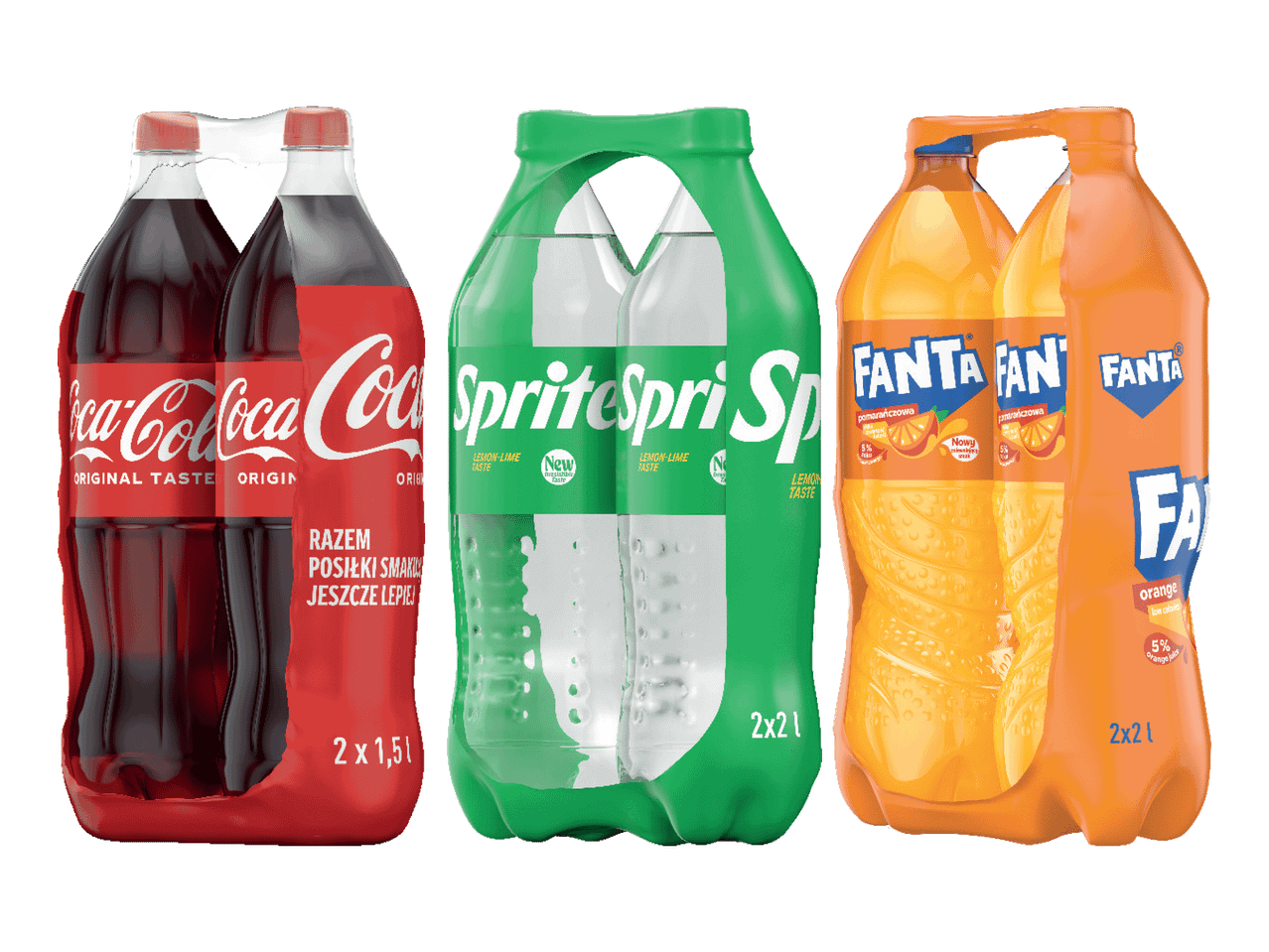 Coca-Cola, Sprite ja Fanta pakendid, igas kaks pudelit.