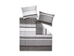 Bettwäsche-Set in Grau und Weiß mit Streifen- und Karomuster, bestehend aus Bettbezug und zwei Kissenbezügen.
