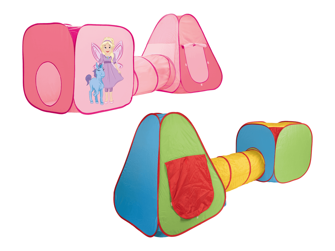 Kaksi leikkitelttaa tunneleilla: vaaleanpunainen keiju- ja yksisarvisteemalla, ja monivärinen teltta.