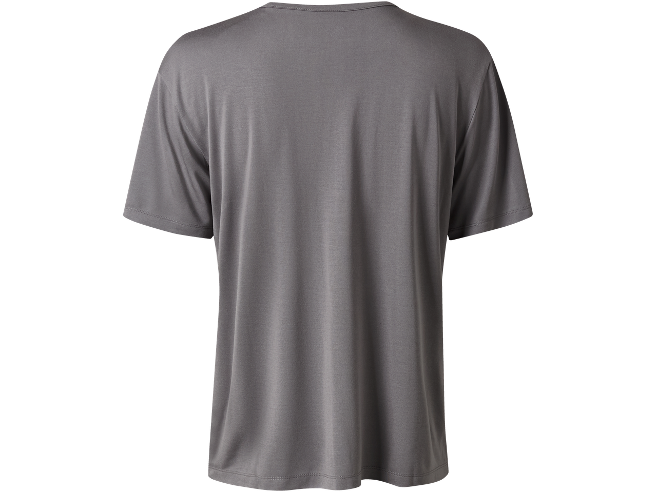 En grå t-shirt med korta ärmar, sedd bakifrån.