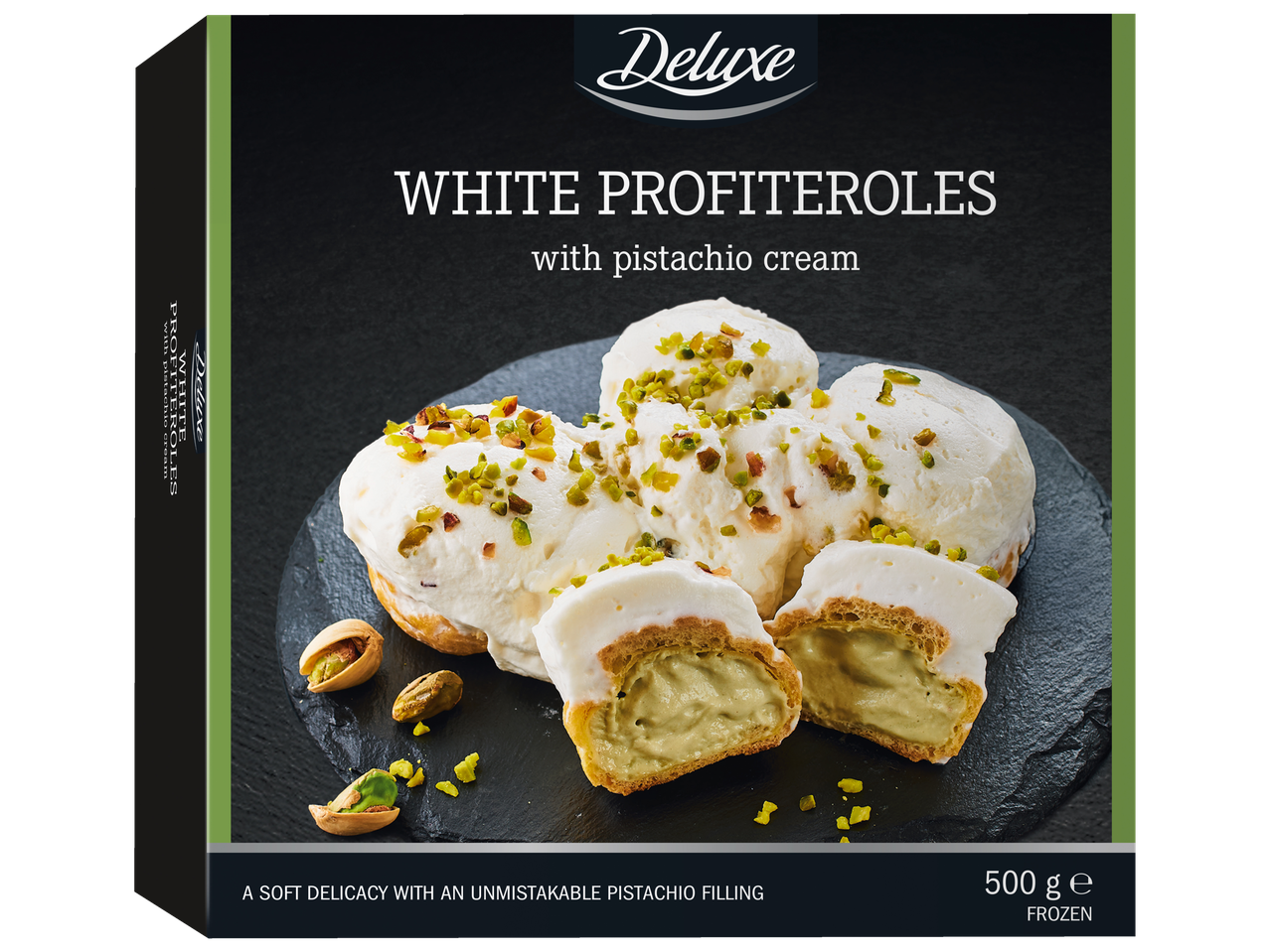 Cutie cu profiterol alb Deluxe cu cremă de fistic.