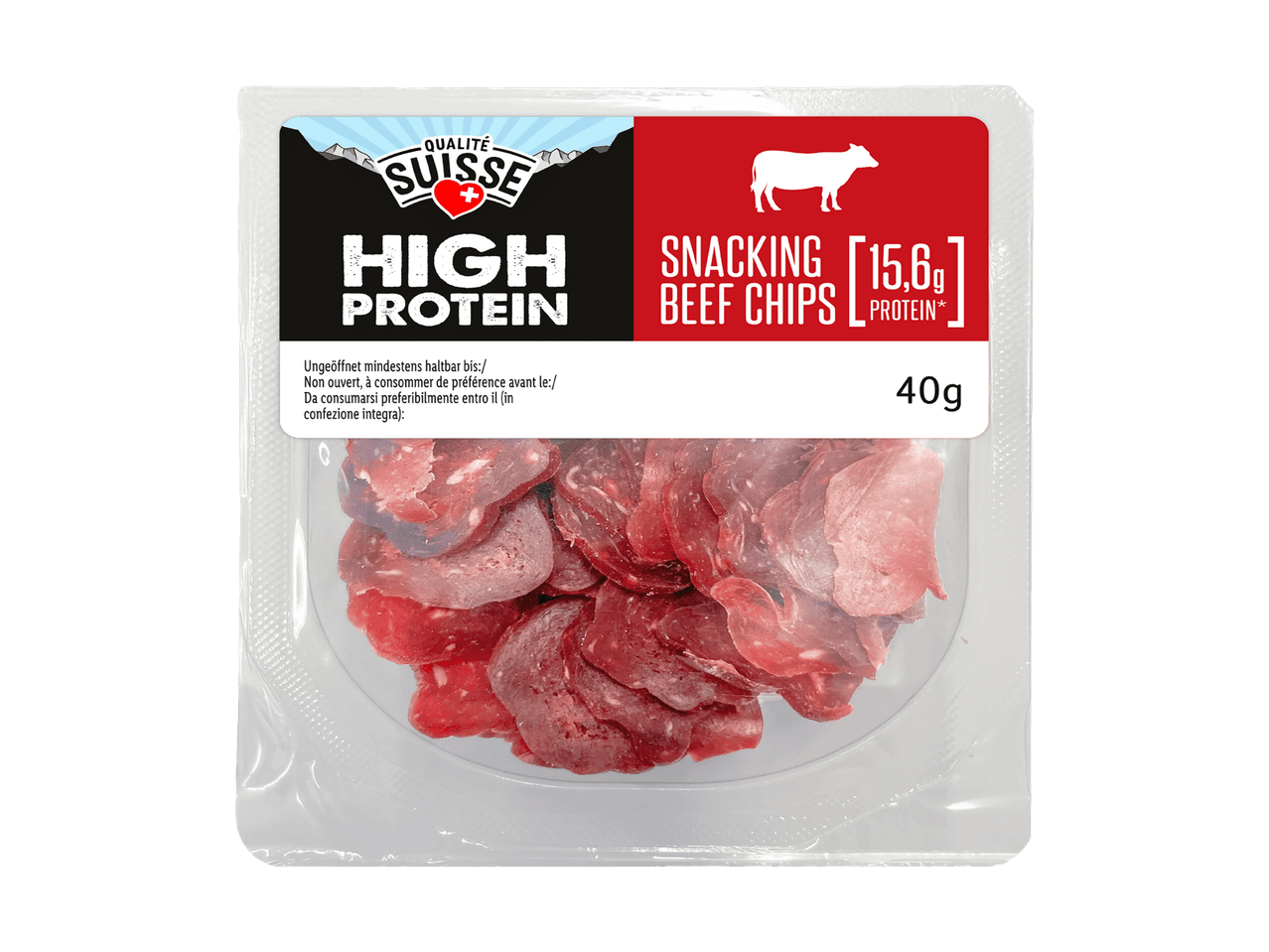 Packung mit proteinreichen Rindfleisch-Chips, 40g.