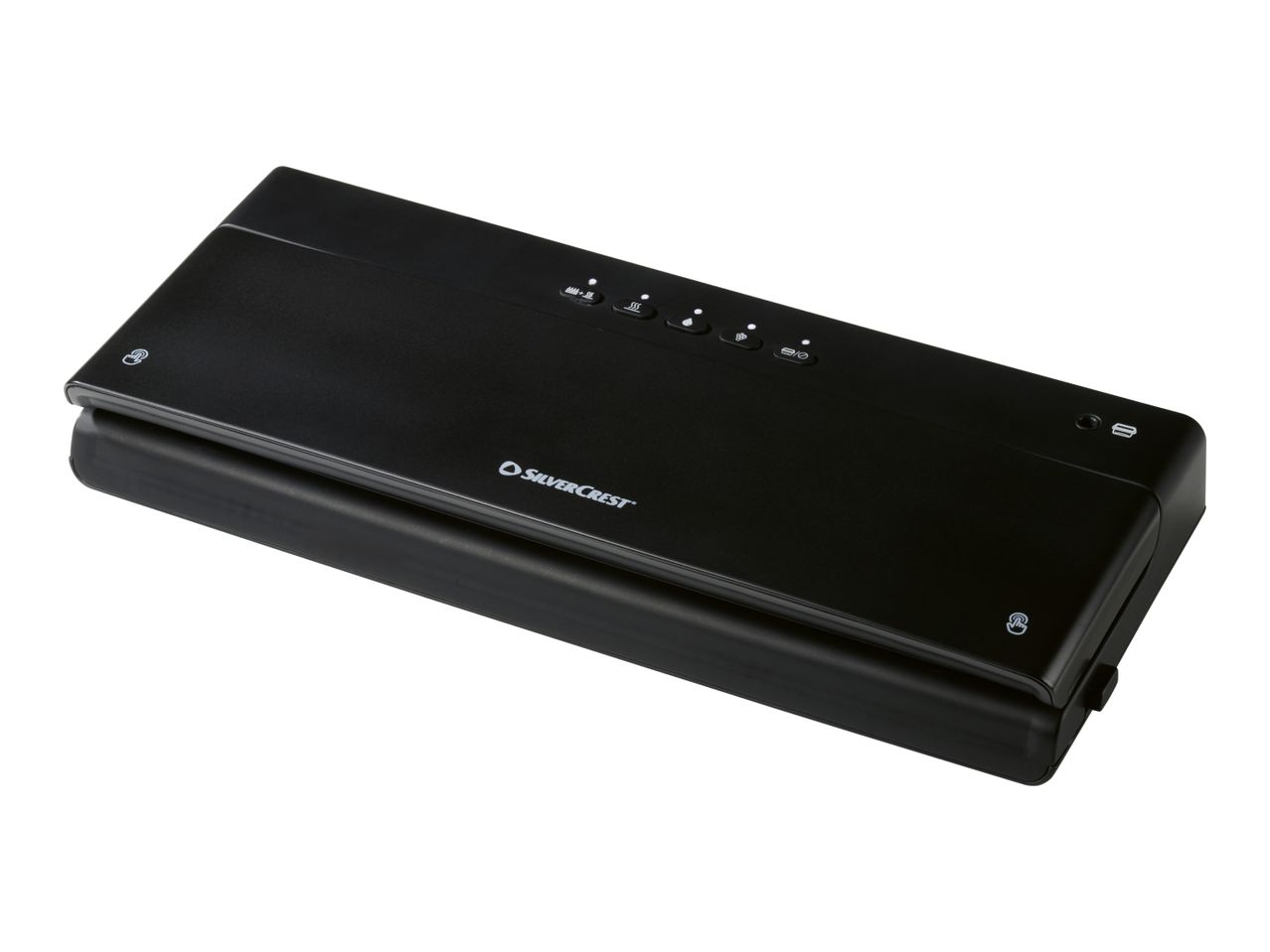 Black vacuum sealer with control buttons on top