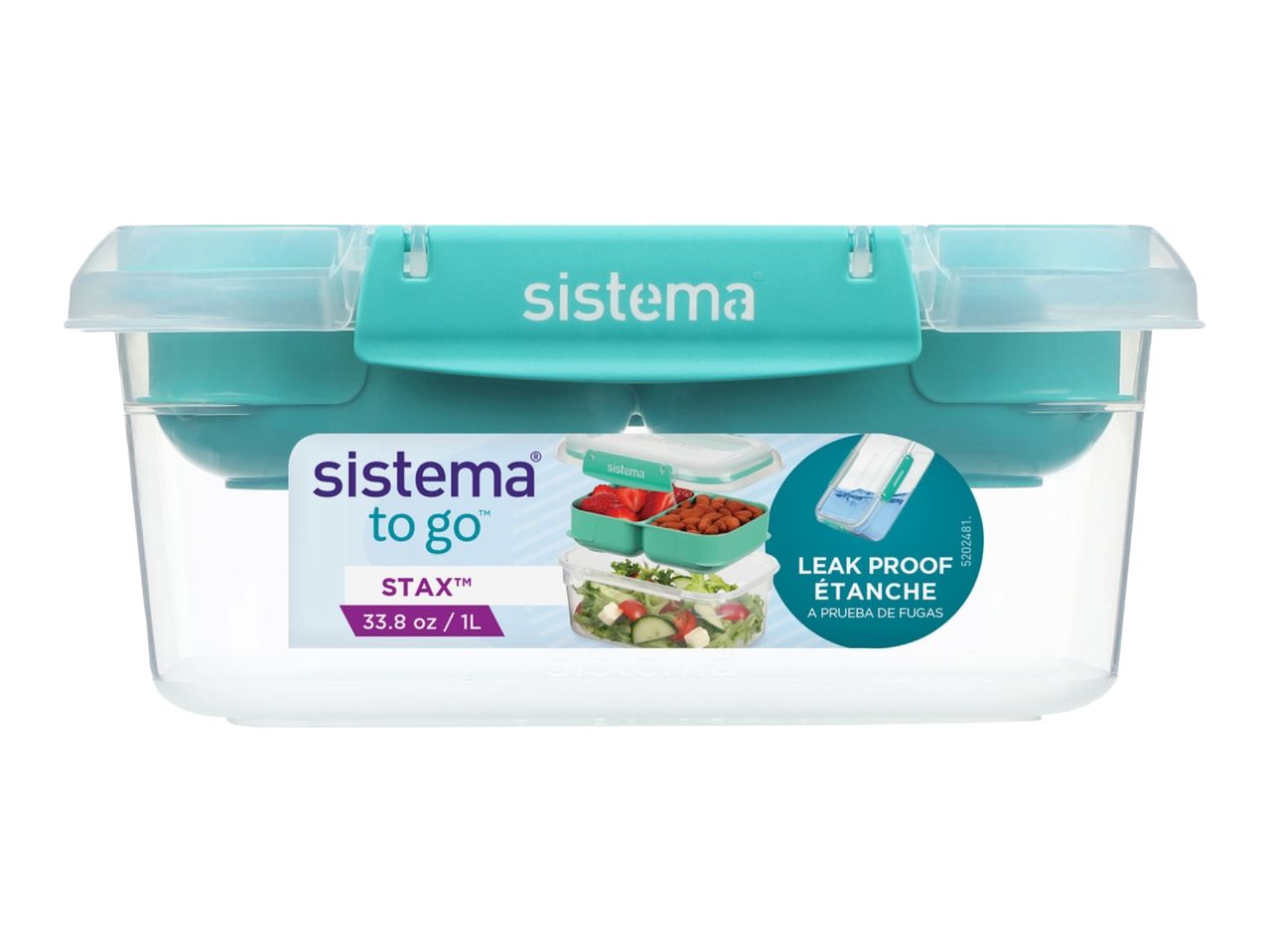 A clear plastic food storage container with a teal lid and insert tray, 1L capacity.