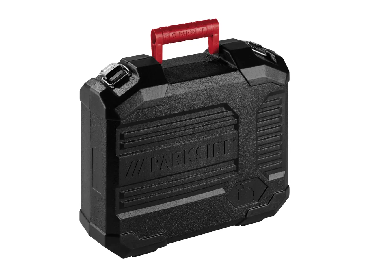 Black Parkside tool case with a red handle