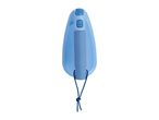 Blue shoehorn with a ribbed handle and a blue string loop