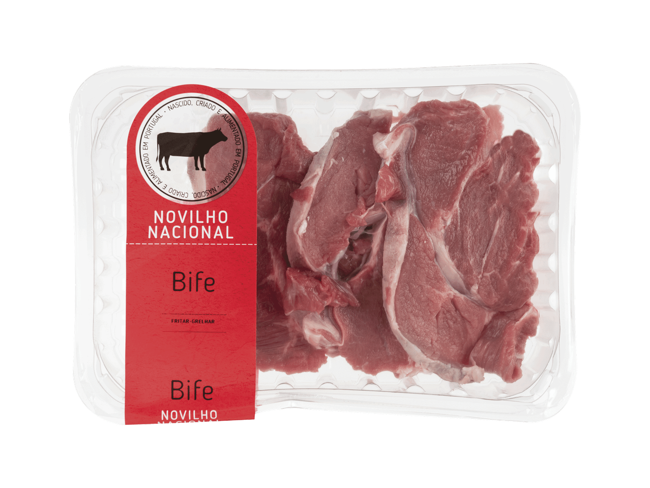 Bifes de novilho nacional para fritar ou grelhar, embalados.