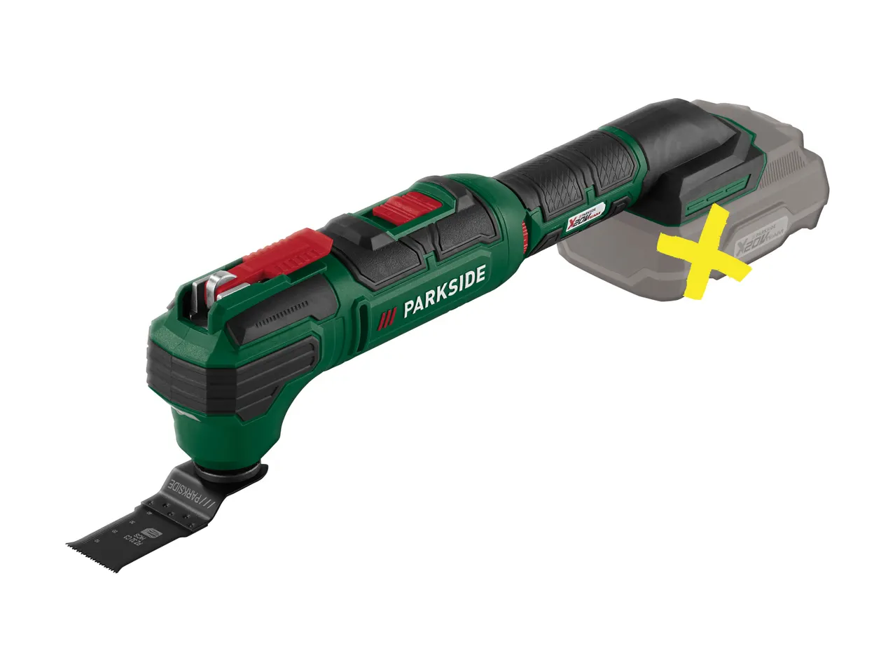 A Parkside X20V Team multi-tool with a blade attached and battery pack, with a cross on it to indicate that it is not included.