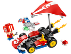 Lego Super Mario kart with Mario figure, banana, and a red umbrella with a lightning bolt.