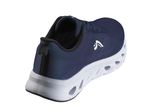 Navy blue and white athletic shoe with a breathable mesh upper and a cushioned sole.