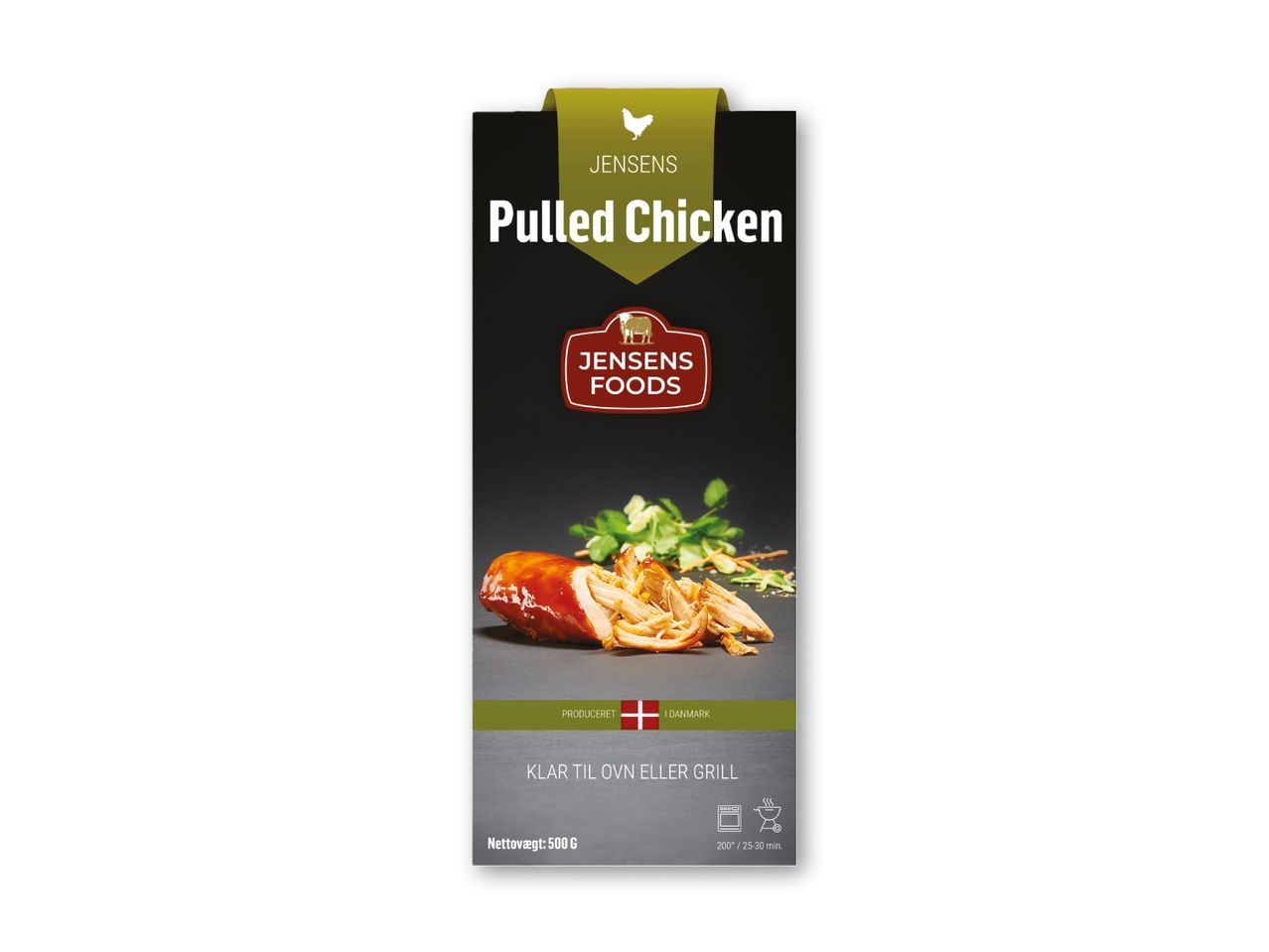 Pakke med Jensens Foods Pulled Chicken, klar til ovn eller grill.
