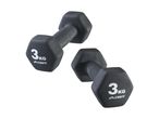 Two black 3kg dumbbells with hexagonal ends and the brand Crivit visible.