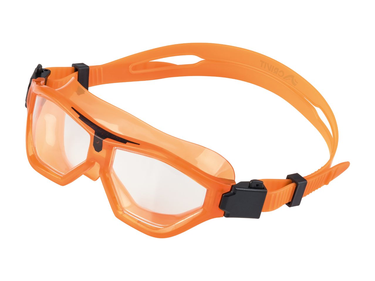 Orange swimming goggles with clear lenses and black adjustable straps