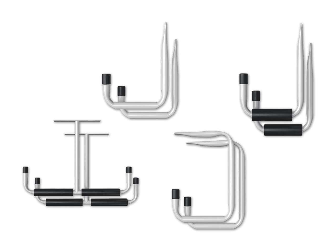 Vier verschiedene Wandhaken und ein Deckenhaken für die Garage oder den Keller.