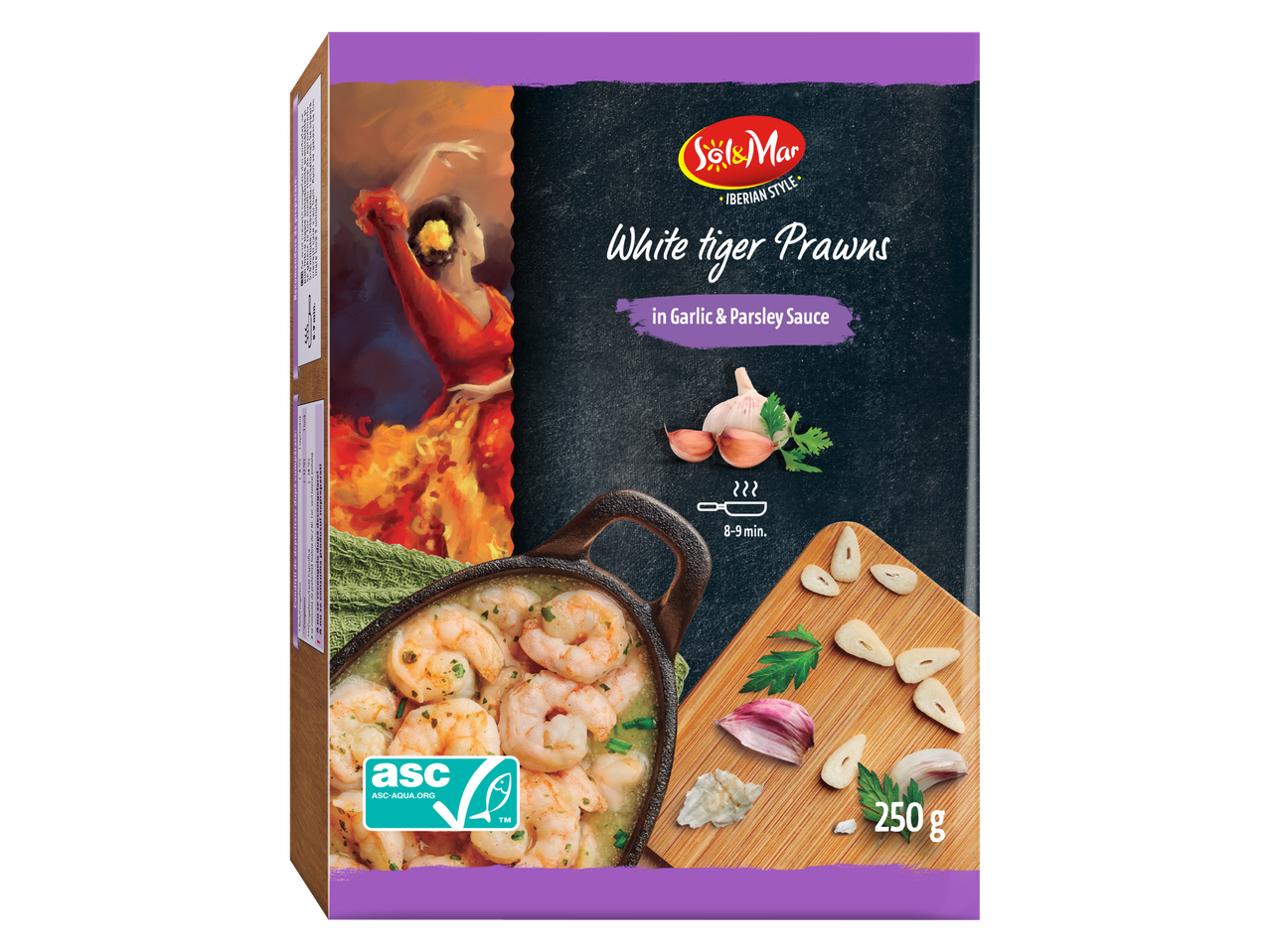 Creveți tiger albi în sos de usturoi și pătrunjel, 250g, cu instrucțiuni de gătire.