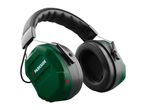 Green and black hearing protection headphones with a red button and a black cable.