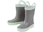 Pilki vaikiški guminiai batai su spalvotais taškeliais.