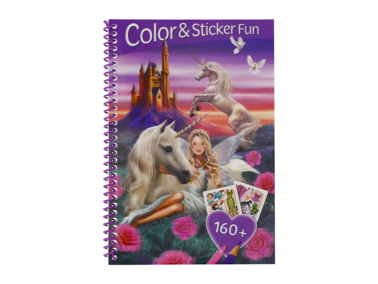 Coloring and sticker book with unicorns, a fairy, and a castle, featuring 'Color & Sticker Fun' and '160+'.