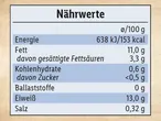 Nährwerttabelle: Energie, Fett, Kohlenhydrate, Eiweiß, Salz.