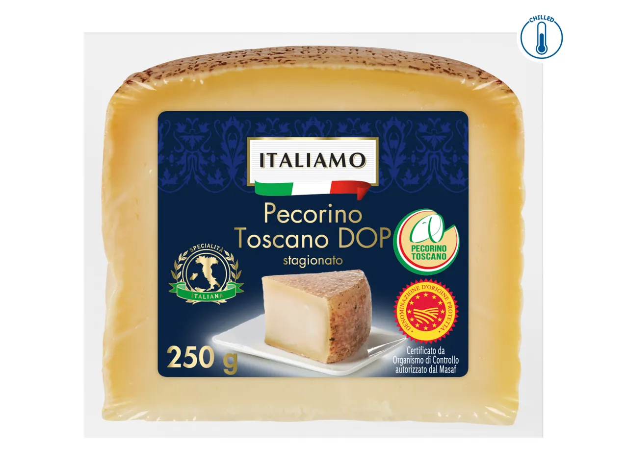 A block of Pecorino Toscano DOP cheese in packaging, with a 'Chilled' icon.