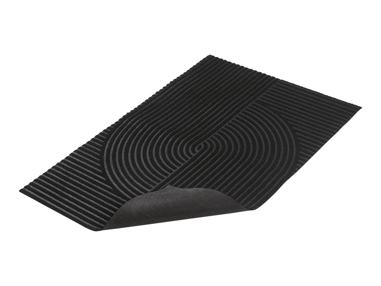 Black doormat with a textured geometric pattern and a non-slip backing