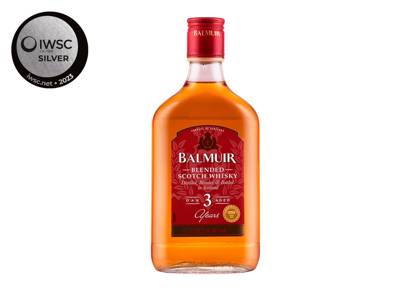 Balmuir 3 year old blended Scotch whisky, IWSC silver award 2023.