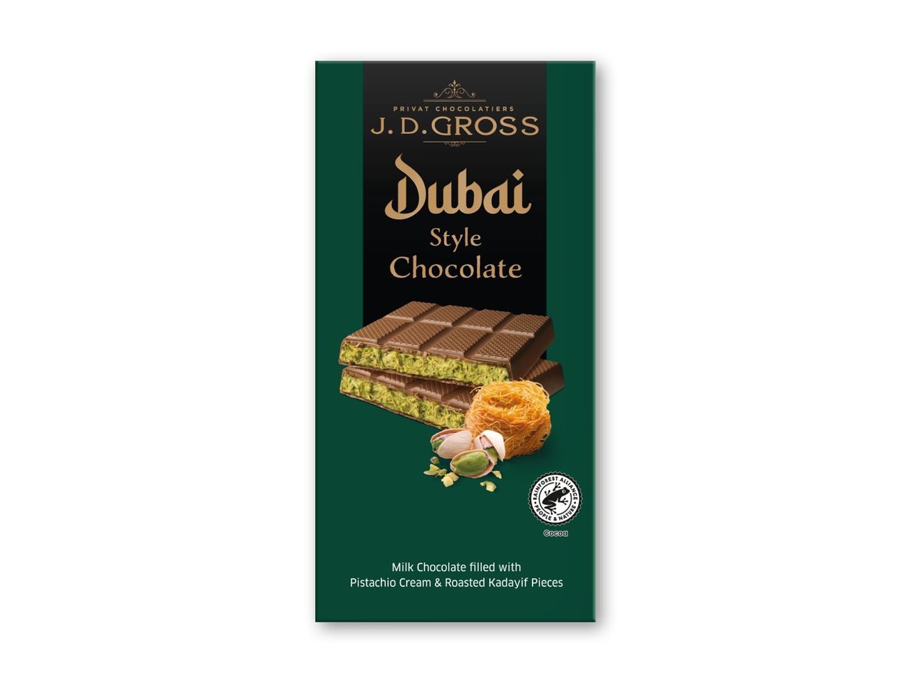 J.D. Gross Dubai Style chokoladebar med pistaciecreme og kadayifstykker.
