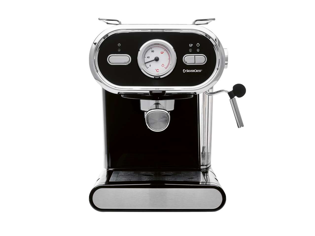Máquina de café expresso preta com detalhes cromados e medidor de temperatura.