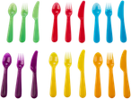 Värvilised plastikust lusikad, kahvlid ja noad.