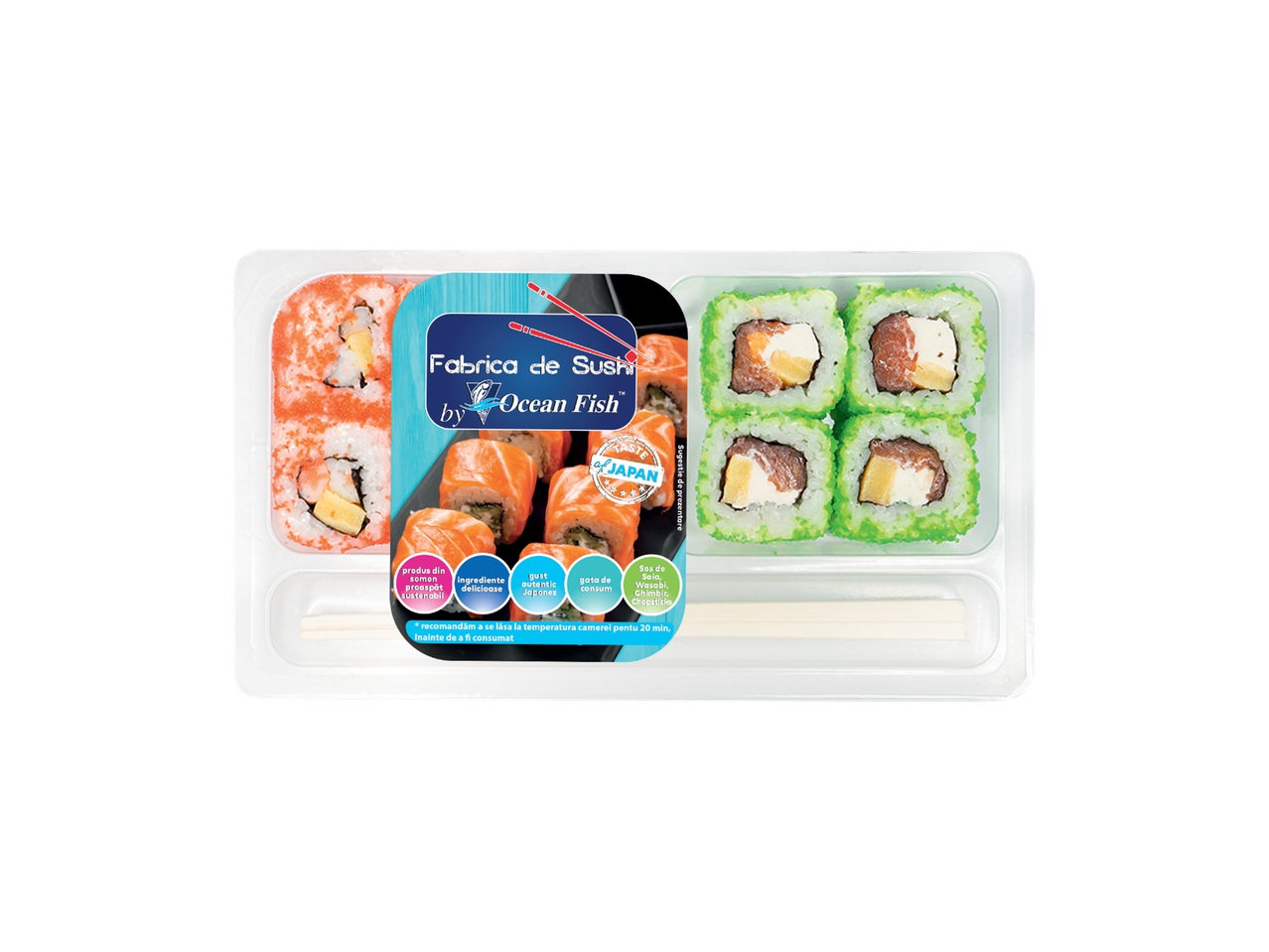Set de sushi Fabrica de Sushi by Ocean Fish cu diverse rulouri, sos de soia, wasabi, ghimbir și bețișoare.