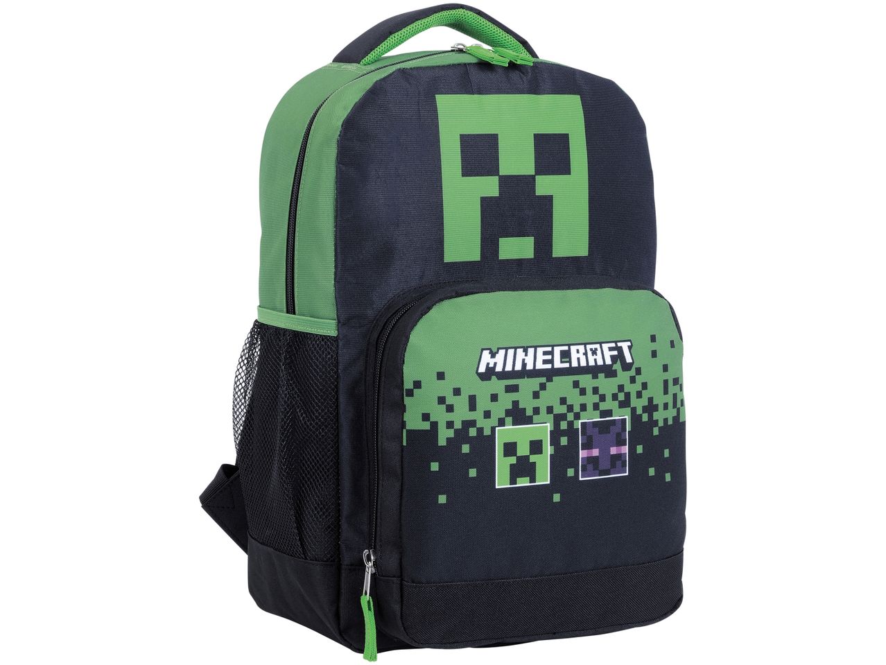 Minecraft backpack with a large Creeper face and pixelated design.