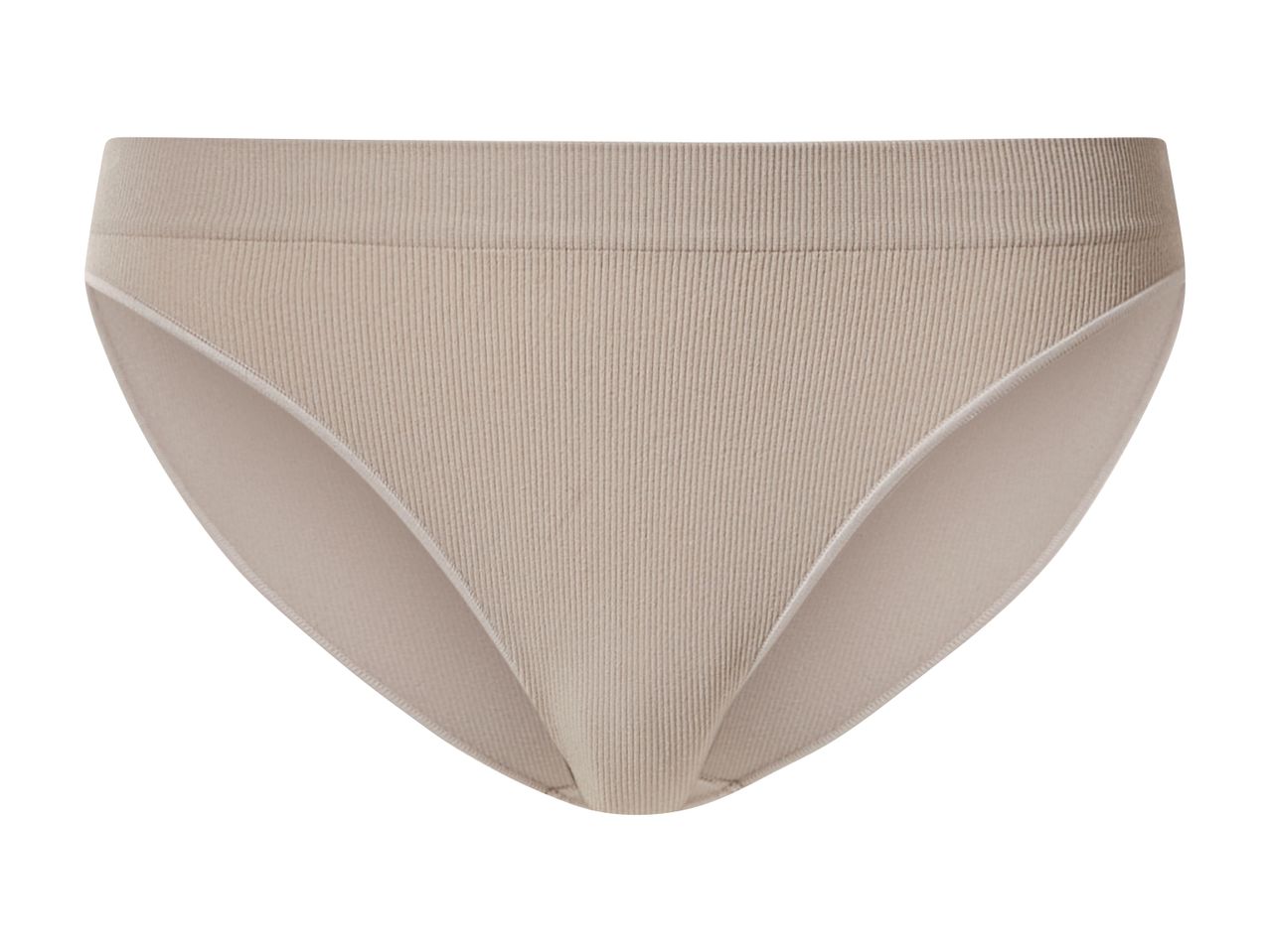Beige ribbed women's briefs with a high-cut leg and wide waistband.