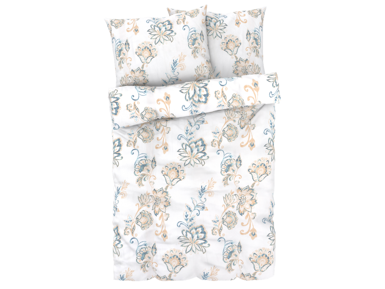 Спално бельо с флорални мотиви в синьо и бежово.