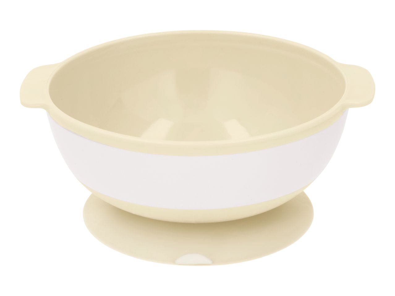 Cream and white baby bowl with handles and a suction base.
