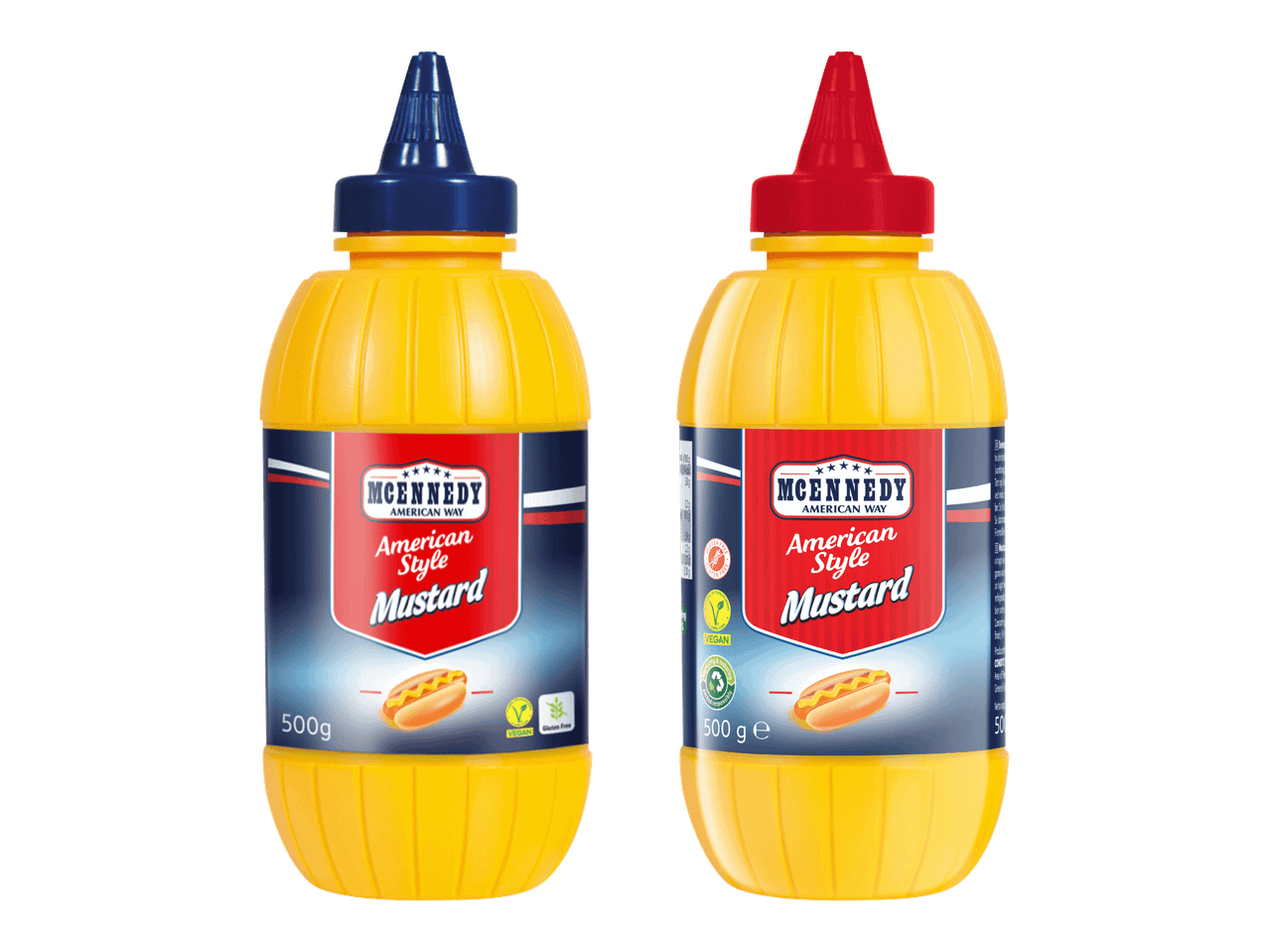 Kaksi pulloa Maille-sinappia, toinen keltainen ja toinen punainen korkki.