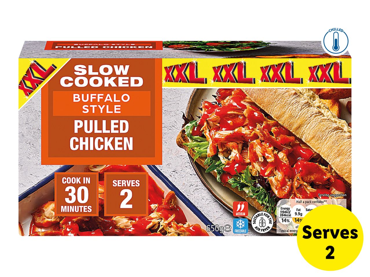 Slow cooked buffalo style pulled chicken, XXL size, serves 2, cooks in 30 minutes.