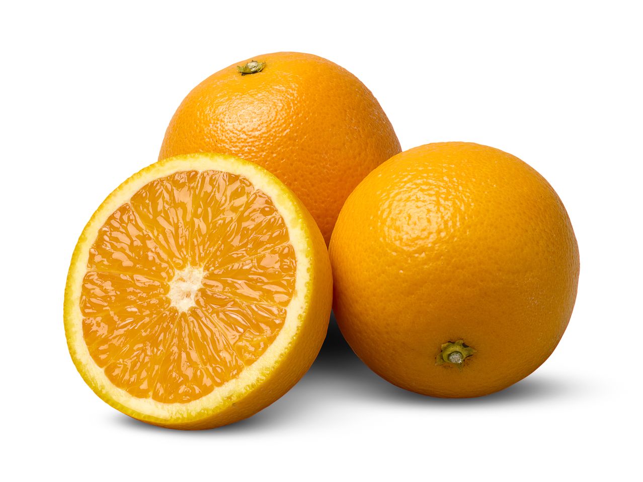 Two whole oranges and one orange half on a white background.